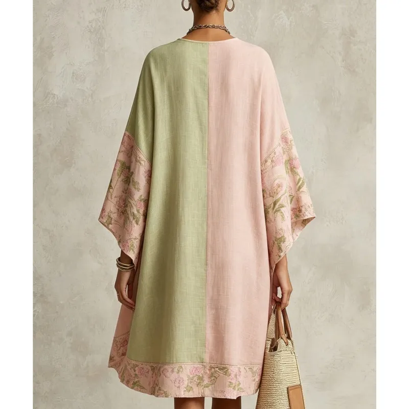 Women's Contrast Color Stitching Deep V Loose Blouse Dress Floral Print Large Sleeves Holiday Irregular Midi  Dresses For Women