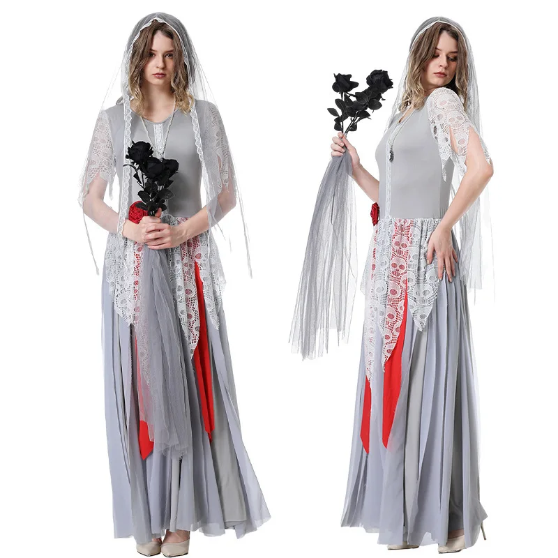 

Women Halloween Gothic Bride Costume Gray Long Skeleton Print Dress Lace Detailing Veil Black Roses Cosplay Outfit