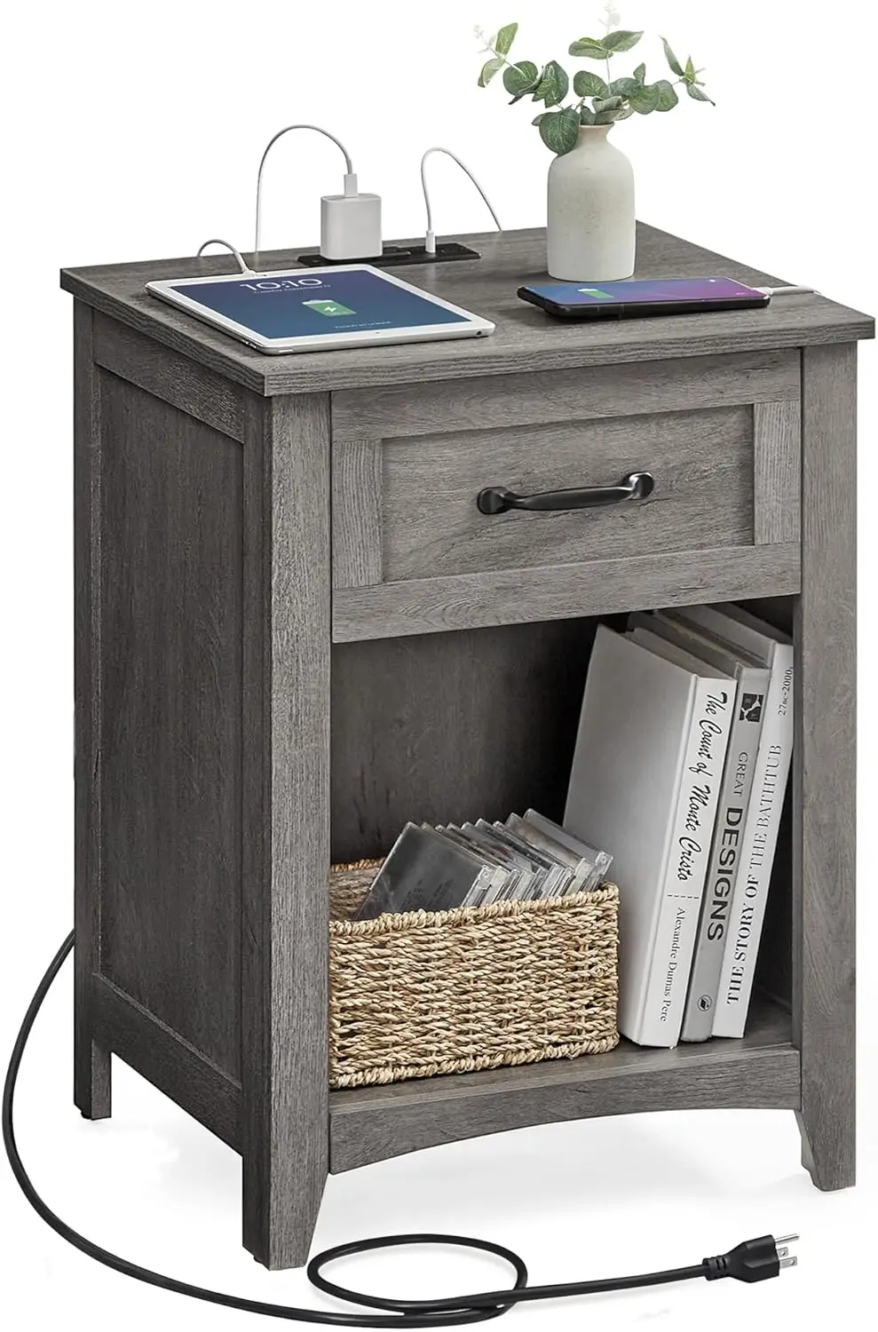 

Farmhouse Nightstand with Charging Station, Bedside Table with Drawer, Open Compartment, Side Table with Storage, for Bedroom