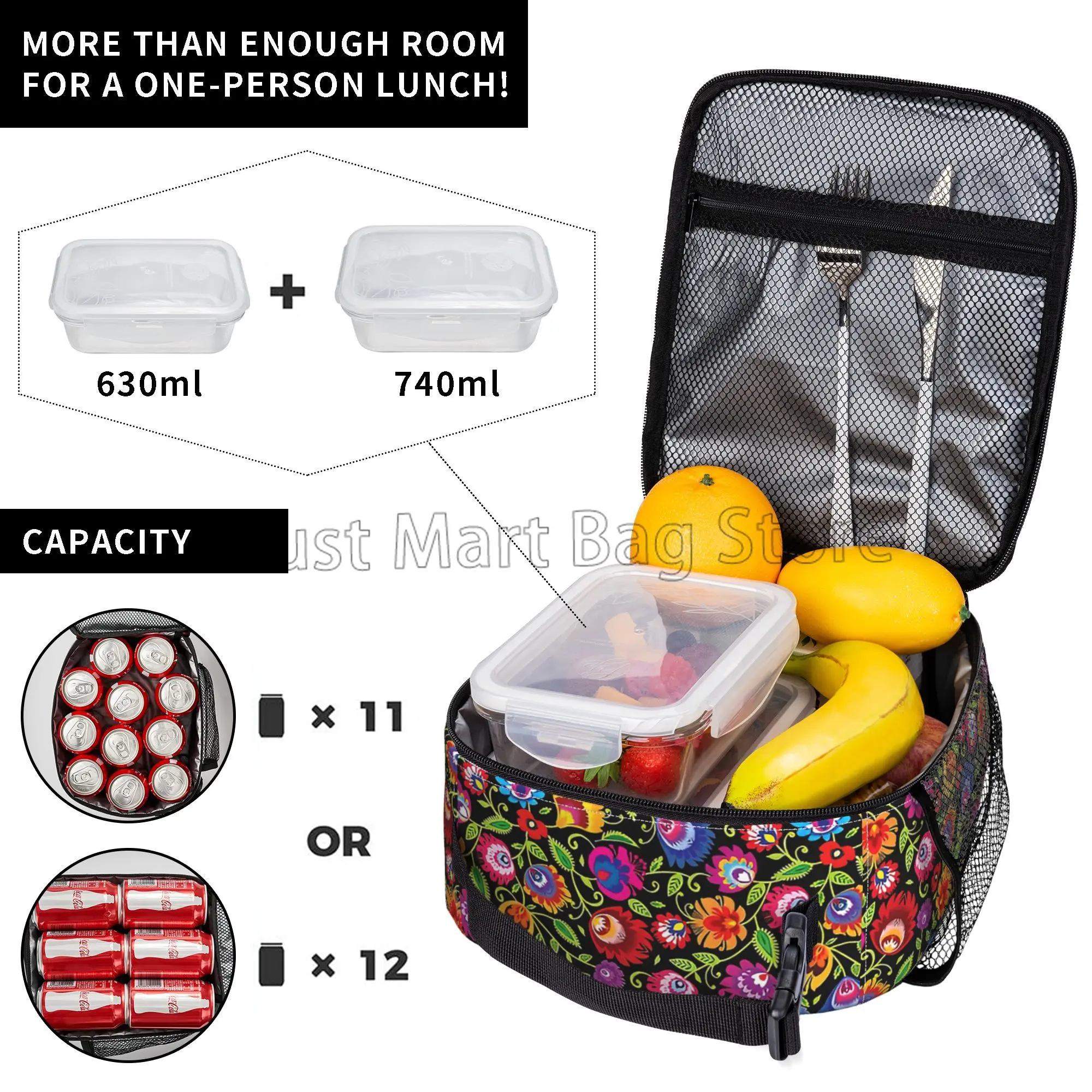 Colorful Mexican Flower Lunch Box Reusable Lunch Bag Work Bento Cooler Reusable Tote Picnic Boxes Insulated Container for Picnic