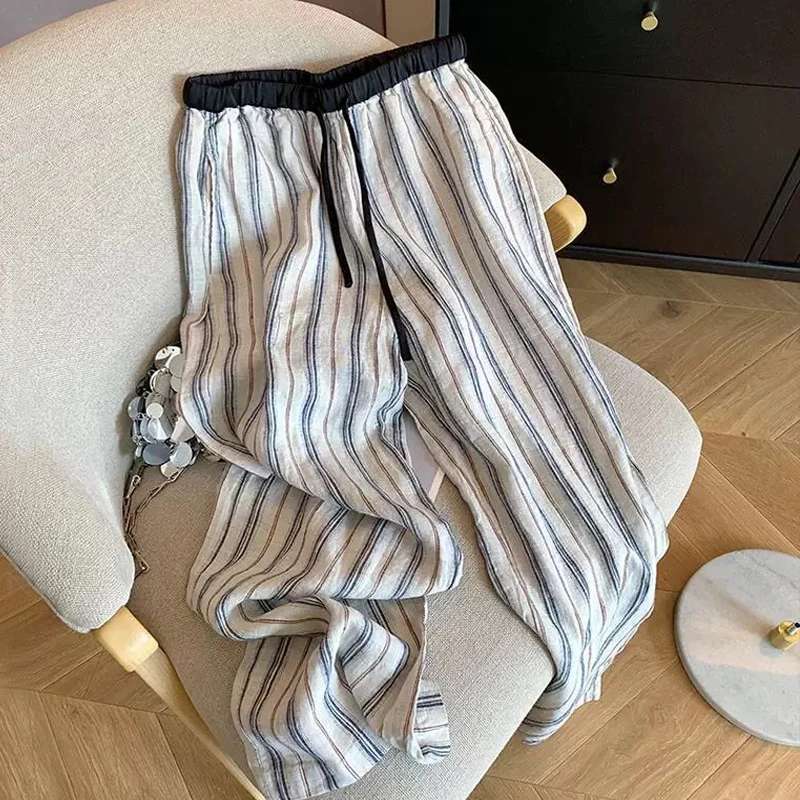 

Широкие брюки из хлопка и льна для женщин, летние, тонкие, на резинке, свободного кроя, длинные, с высокой талией, в корейском стиле, для повседневной носки