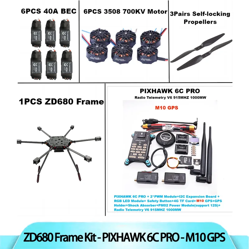ZD680 6C PRO M10 Kit telaio esacottero con braccio pieghevole hexacottero Hexa-rotore interamente in fibra di carbonio PIXHAWK con carrello di atterraggio infodibile