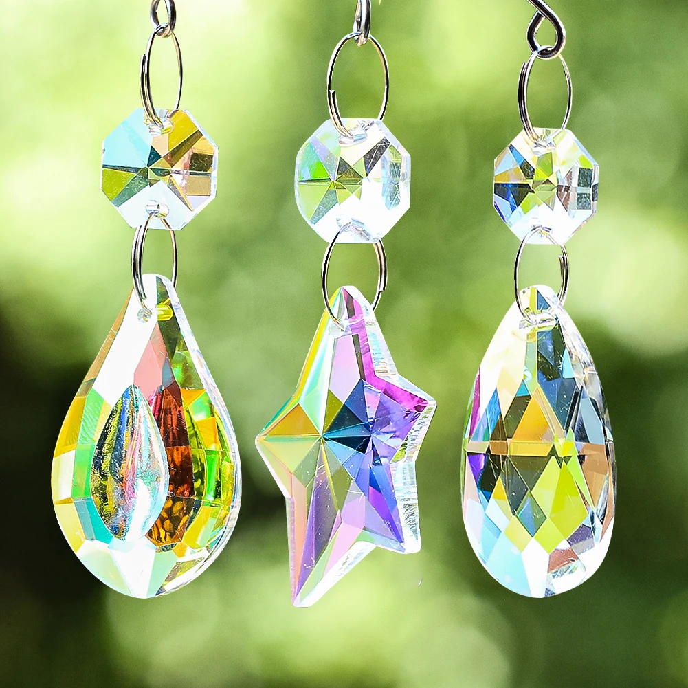 Rainbow Crystal Suncatcher Hanging Garland Strands Chandelier Prisms Pendant Parts Connected Glass Octagon Bead Wedding Decor