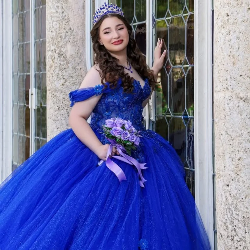 

Customized blue Quinceanera Dresses Off the Shoulder sequin applique Long tail Lace layering Vestido 15 Quinceanera