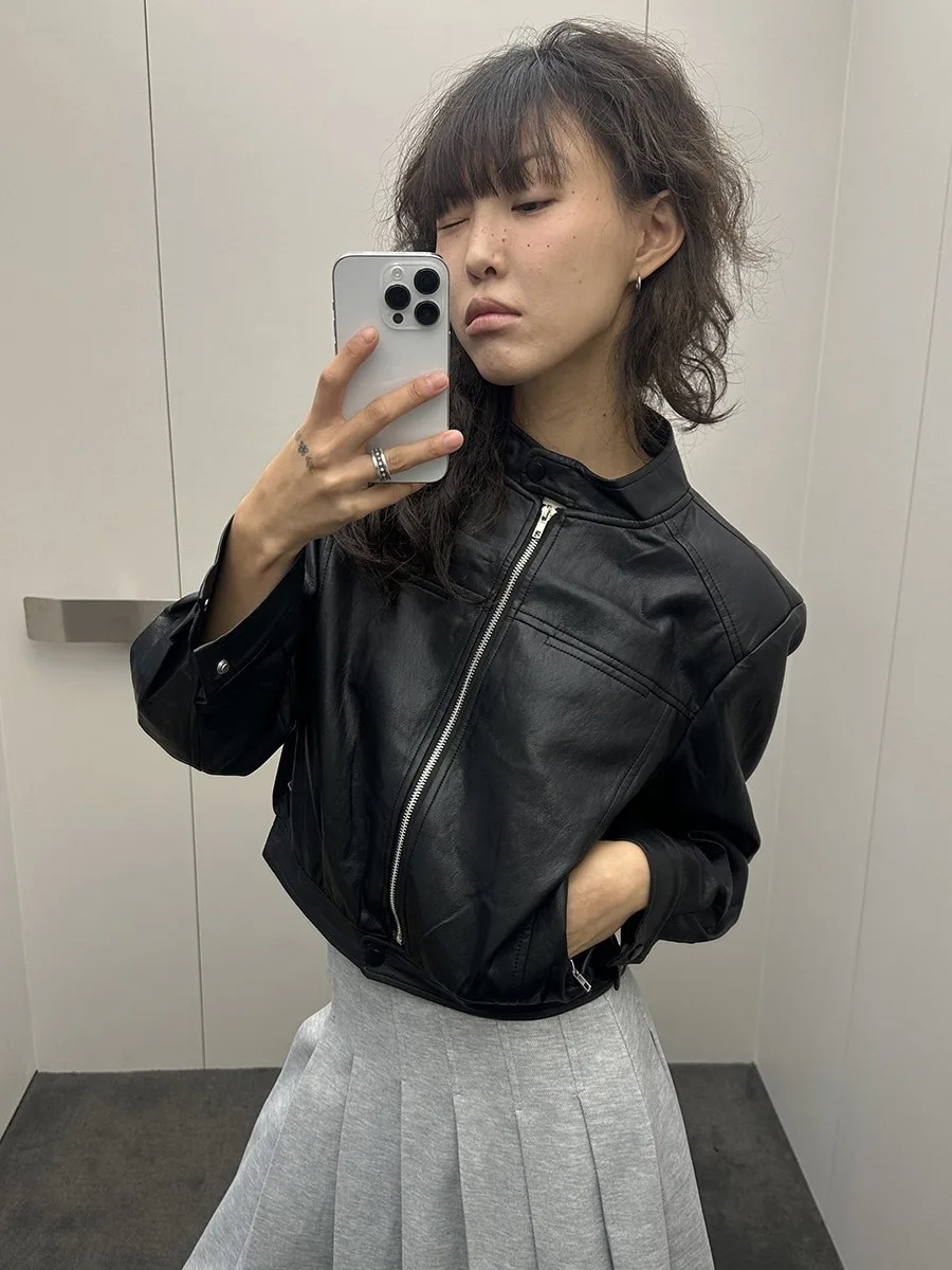 أنيقة ort Double ket عالية الياقة دراجة نارية Jaet المرأة تصميم فريد من نوعه Bla PU معطف جلد Sli الخريف Faion #4