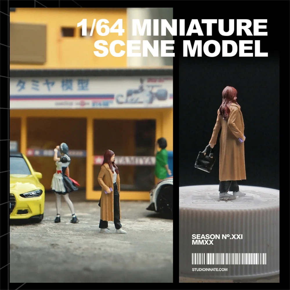 Kicarmod 1/64 Scale Model Figurine Miniature doll model of a handbag carrying woman wearing a windbreaker in Scale Diecast Model