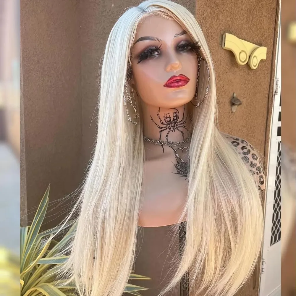 

MXWIGS Волосы # 60-Блондинка, синтетический парик спереди, длинный прямой парик спереди, предварительно выщипанные термостойкие волокна, парики для повседневного ношения