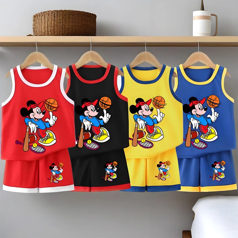

Disney Summer Thin Tracksuits New 2pcs Toddler Boys Quick-drying Casual Vest Tops+Shorts Kid Cartoon Printed Simple Outfits