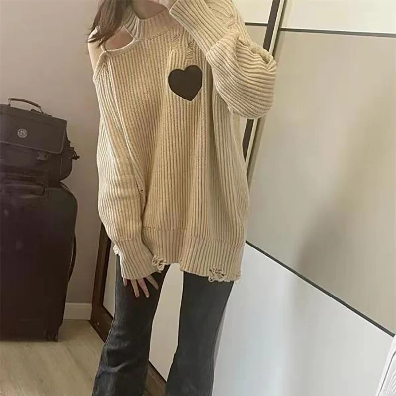 Fashion Spliced Hole Off Shoulder Hollow Out Sweaters Female Clothing 2023 Autumn Winter Oversized Casual Pullovers Korean Tops