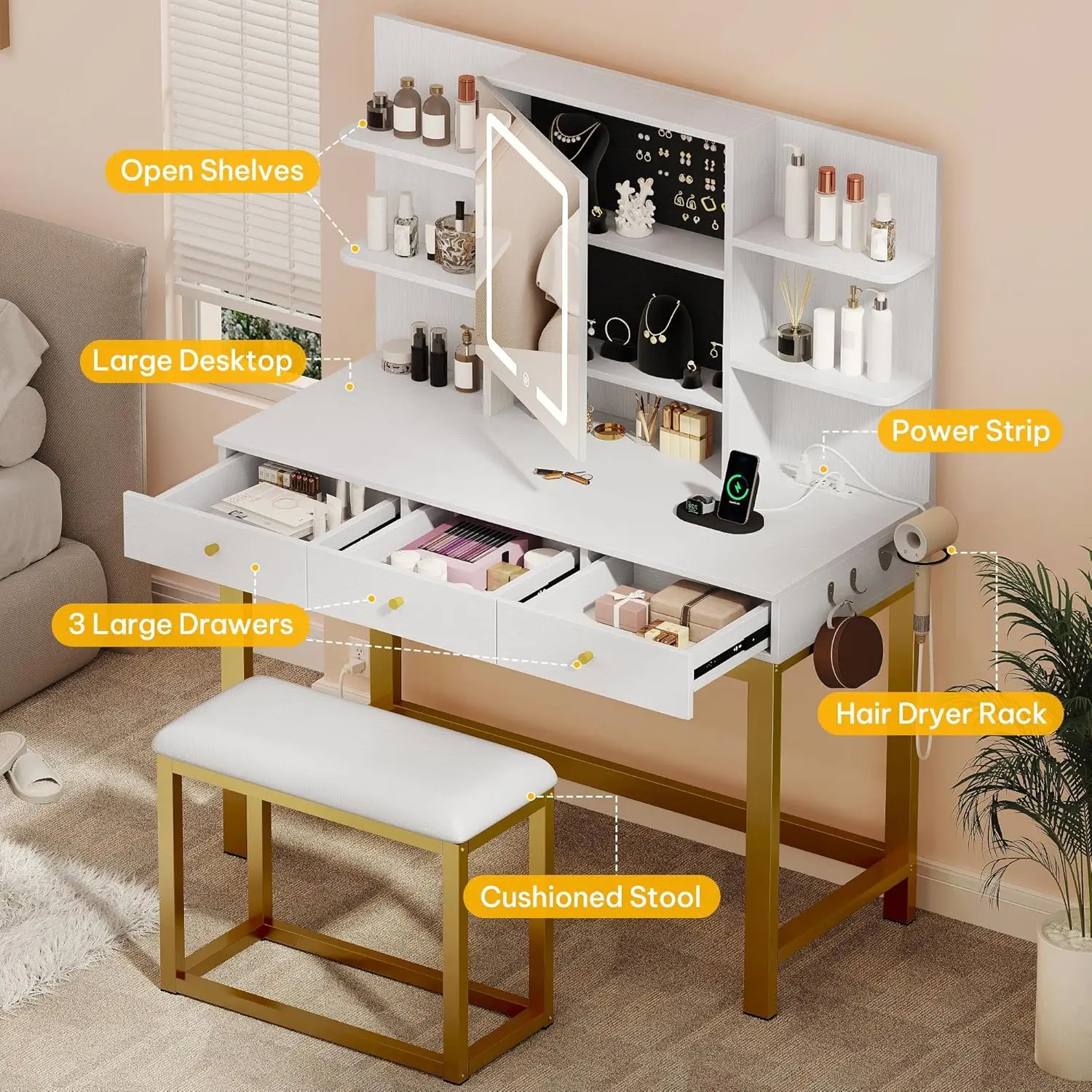 مكتب فانيتي مع مرآة وأضواء LED ومنافذ طاقة، ومجموعة طاولة مكياج مع 3 أوضاع إضاءة قابلة للتعديل، وأرفف مفتوحة