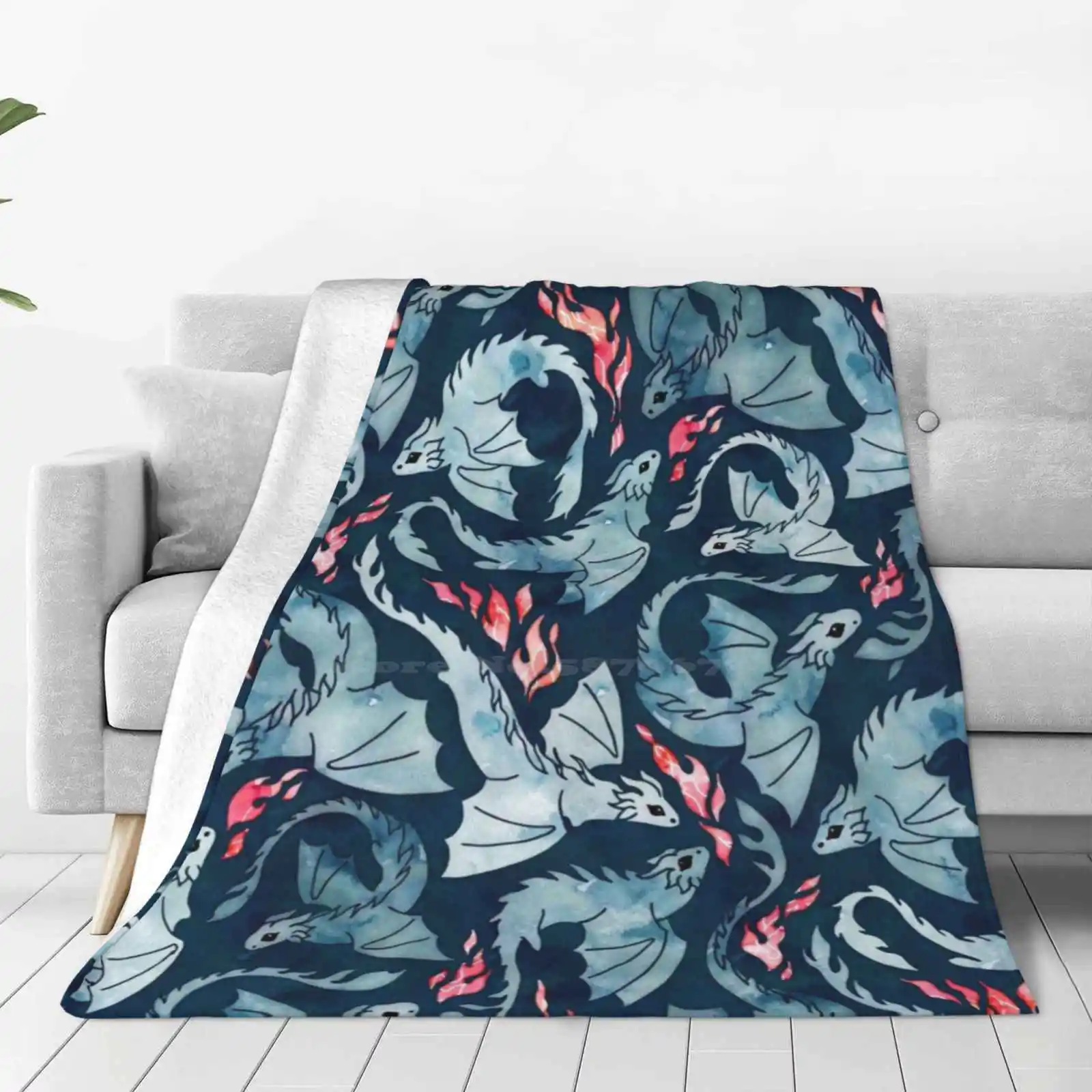 Dragon Fire Dark Blue Four Seasons Comfortable Warm Soft Throw Blanket Adenaj Dragon Flying Fire Breathing Fantasy Flames Navy