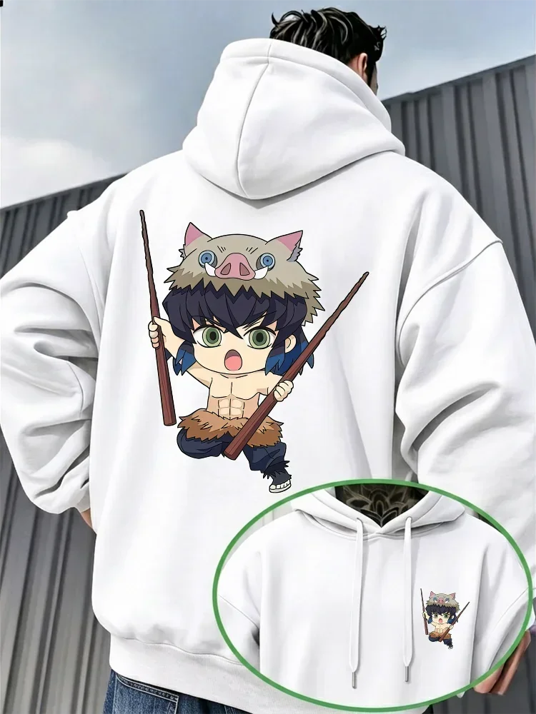 Anime Wild Boar Mask Character Hoodie Unisex Front Back Print Sweatshirt Cartoon Warrior Graphic Casual Streetwear Pullover Tops