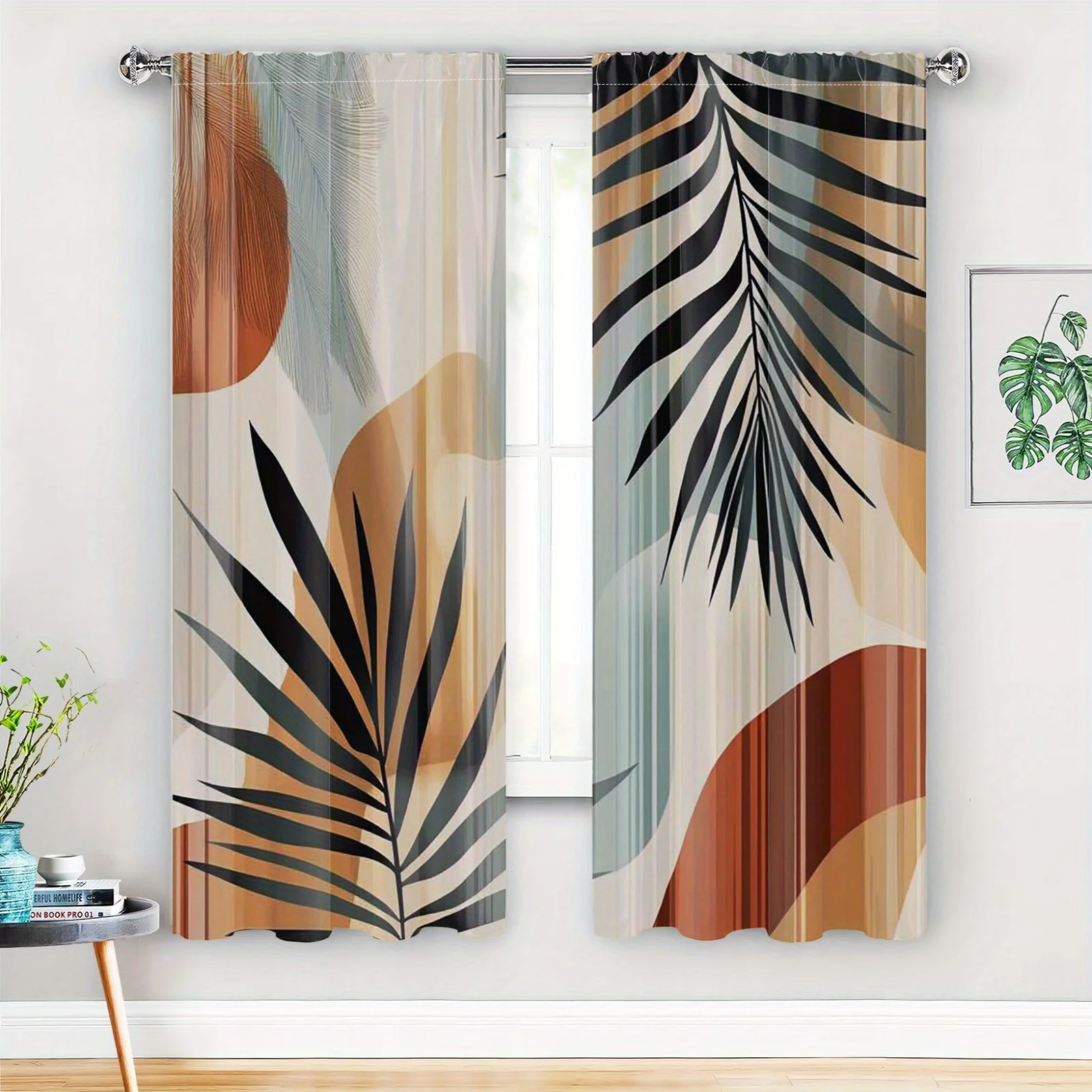 2pc Mid-century modern palm leaf pattern curtains, polyester fabric, suitable for bedroom living room decoration