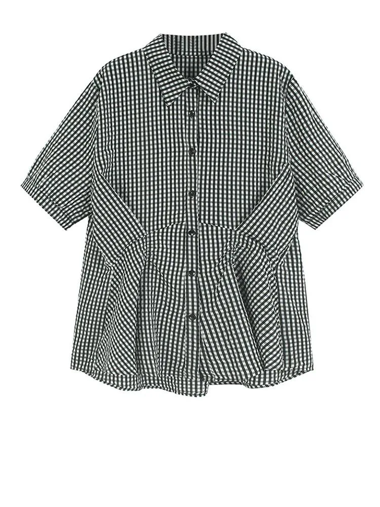 

Women Black Plaid Vintage Big Size Elegant Blouse New Lapel Short Sleeve Shirt Fashion Tide Spring Summer