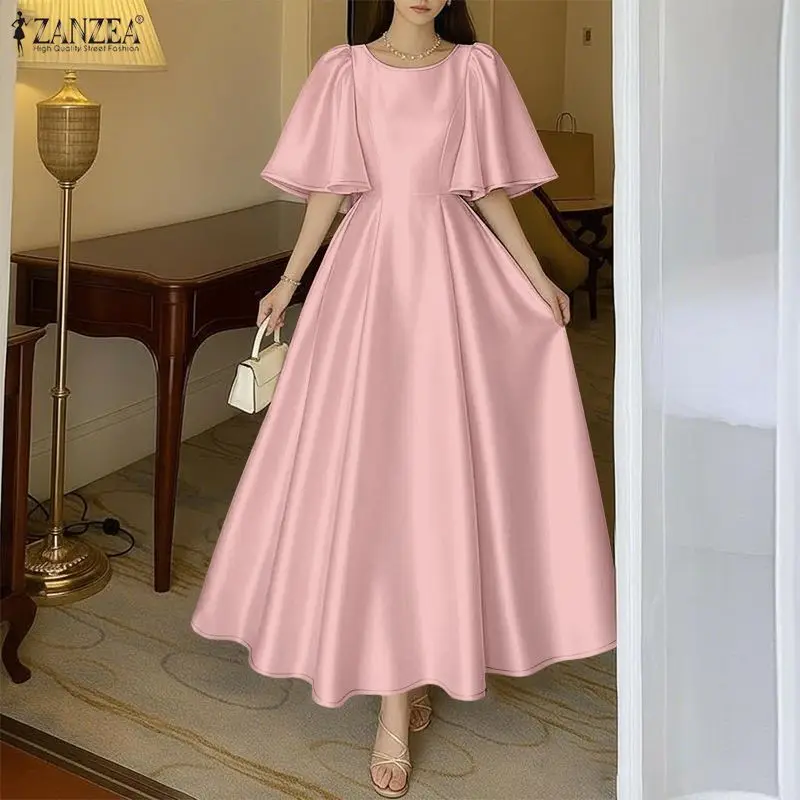 2026 ZANZEA Elegantes A-Linien-Partykleid Damen Satinkleid Sommer-Sonnenkleid Kurze Blütenblatt-Ärmel Einfarbiges Abendkleid Maxikleid