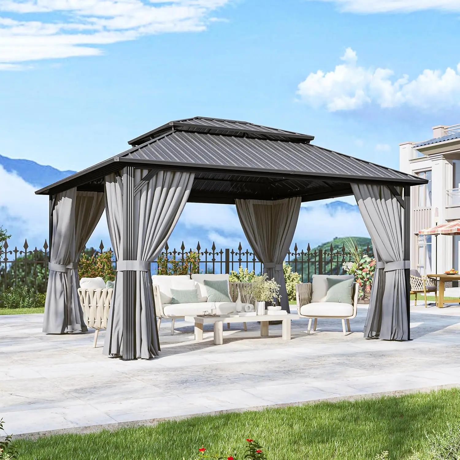

14x10FT Hardtop Gazebo Curtains Netting Galvanized Steel Roof Permanent Patio Party Dining, Customized