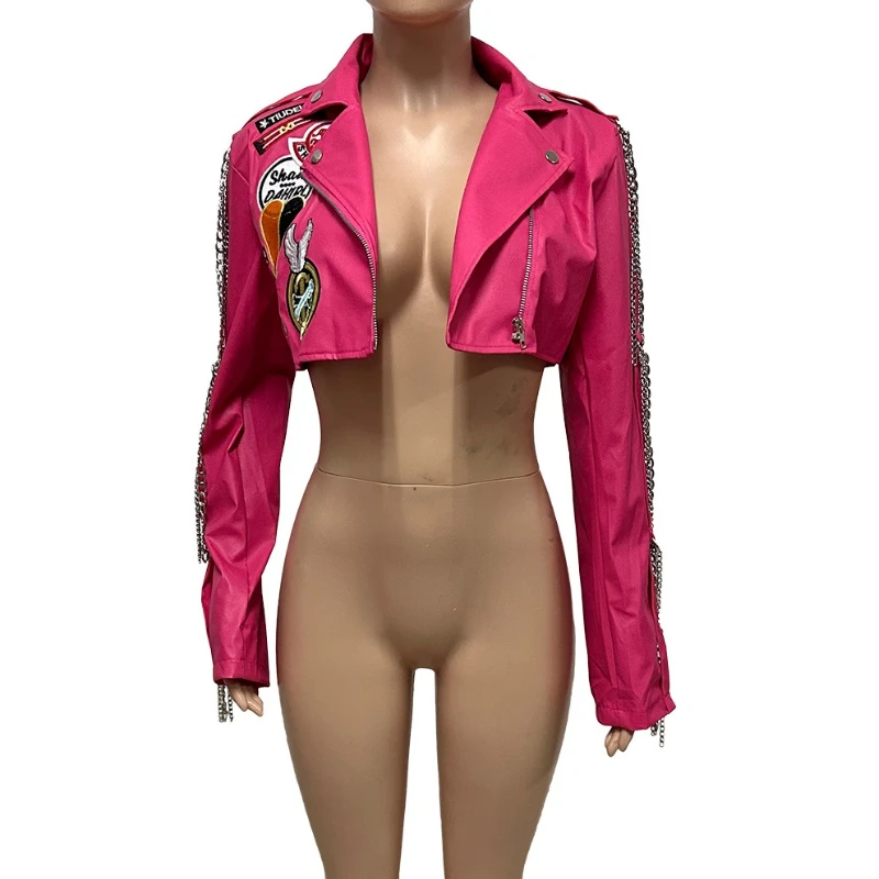 

Розовая женская куртка 2022, осень-зима Y2K, кожаное мото-пальто с лацканами и цепочкой, лоскутная короткая куртка, сексуальная горячая вечеринка для девочек, верхняя одежда