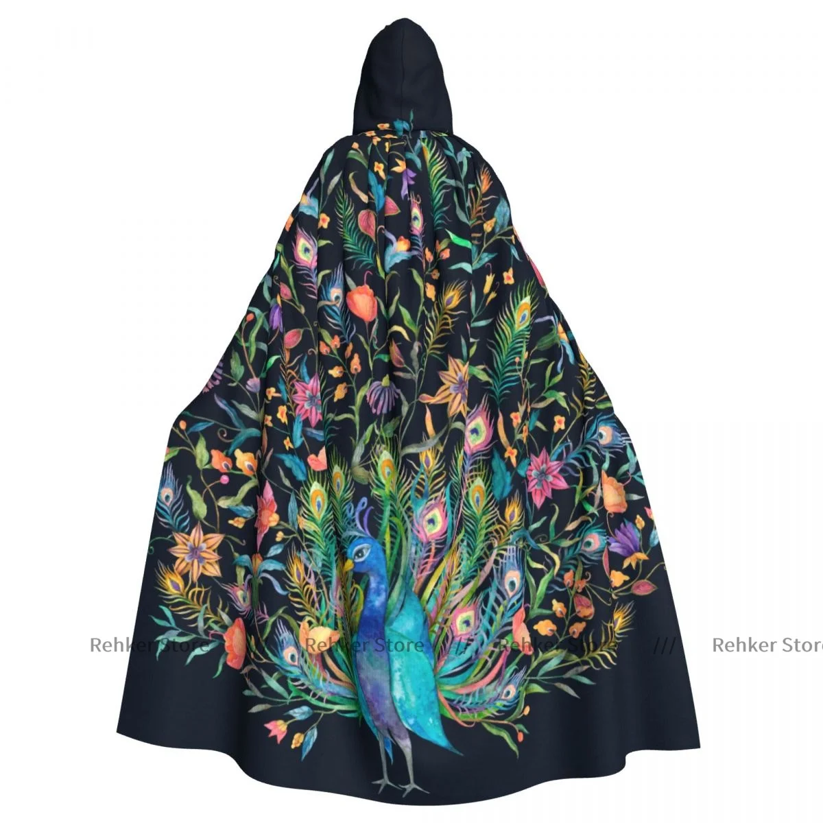 

Watercolor Peacock Spreading Tails Cloak Hooded Cosplay Costume Halloween Adult Long Party Cape