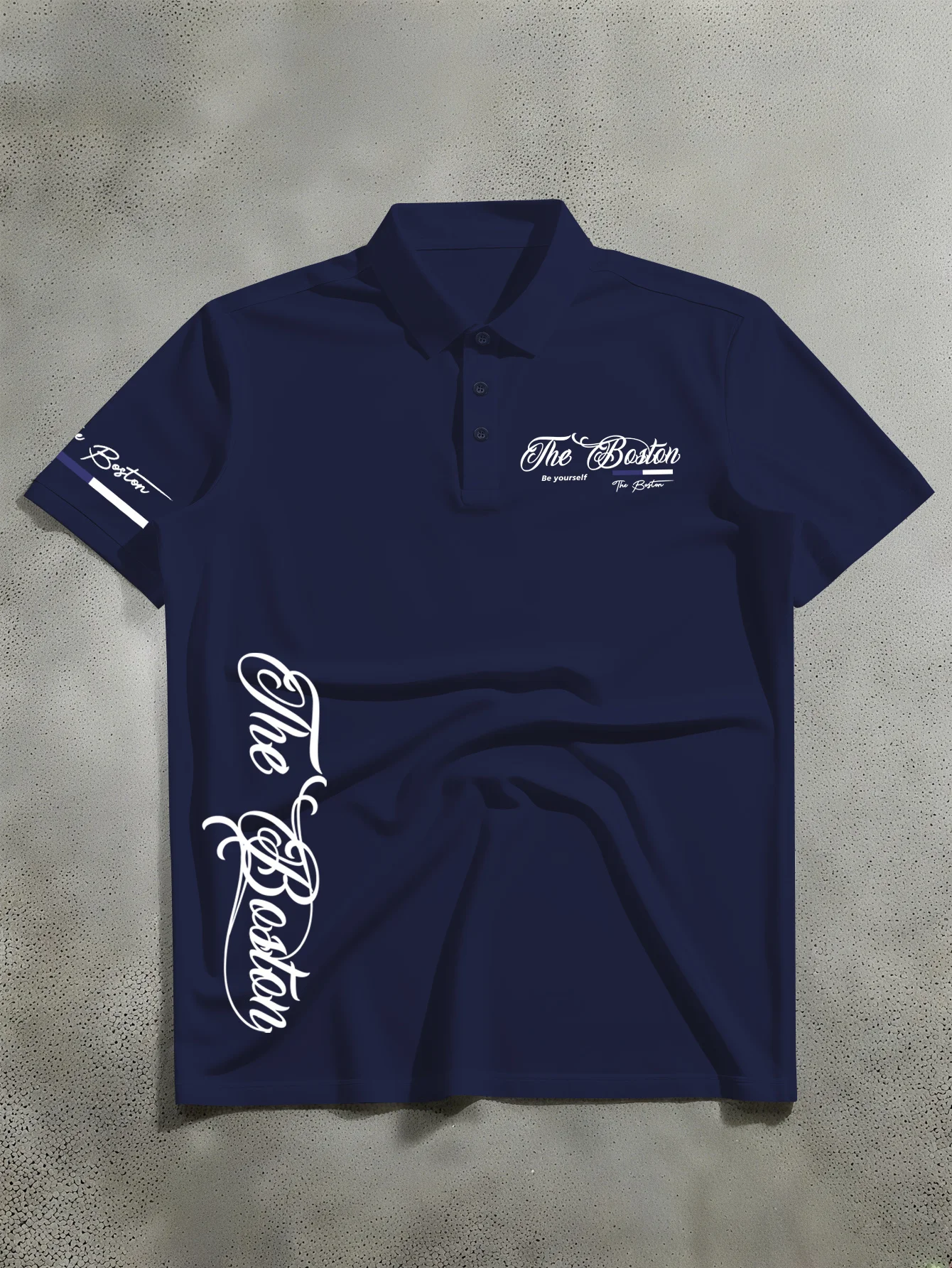 New unisex short sleeved polo shirt with American retro style, vertical floral English+blue striped cuffs printed polo shirt