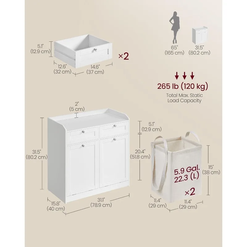 E Bathroom Laundry Cabinet with Basket, with 2 Drawers and 2 Hidden Laundry Hampers, Freestanding