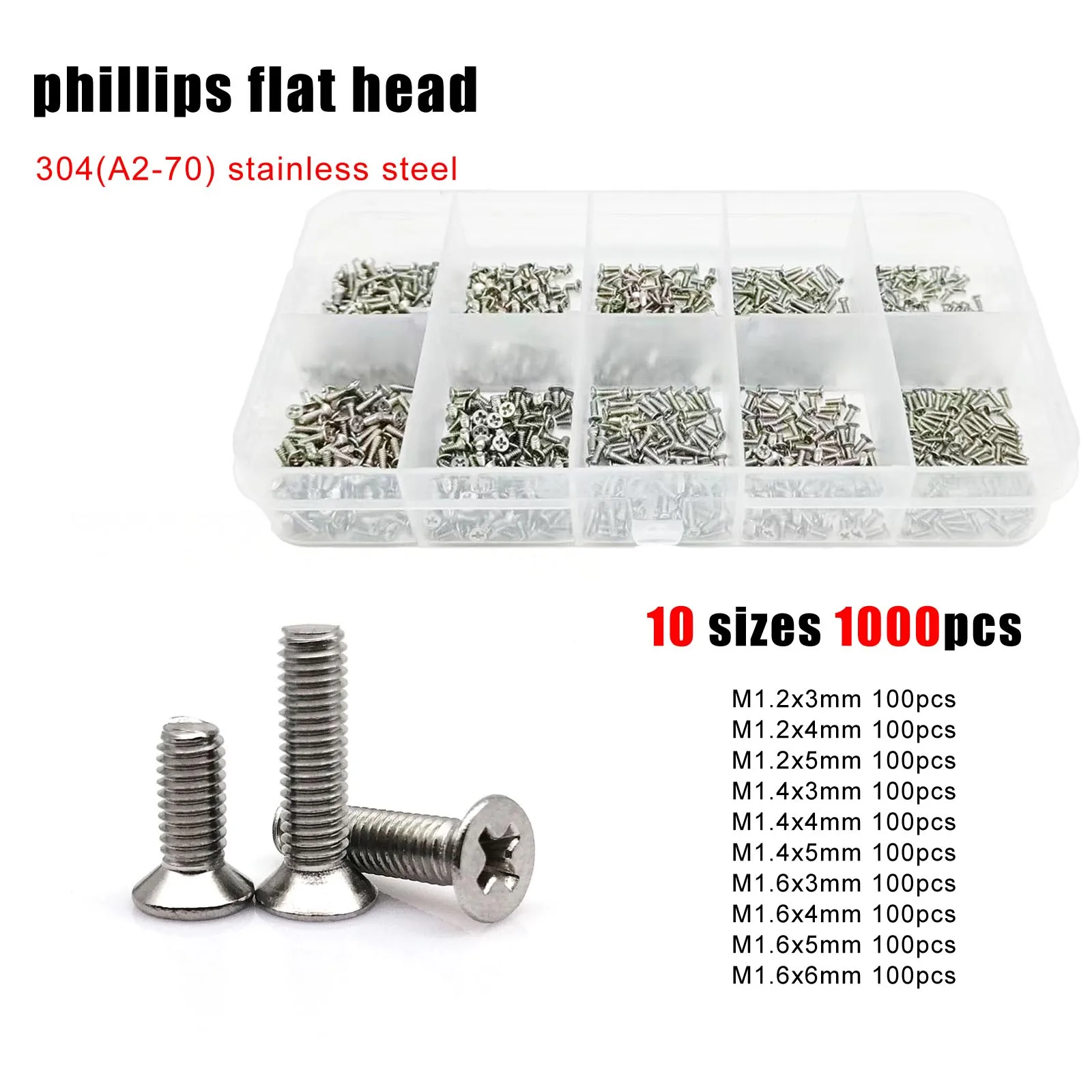 1000pc/box Micro Small M1.2 M1.4 M1.6 Screw Bolt Set Kit for Toy Car Electronic Products Glasses Phone 304 Stainless Steel Black