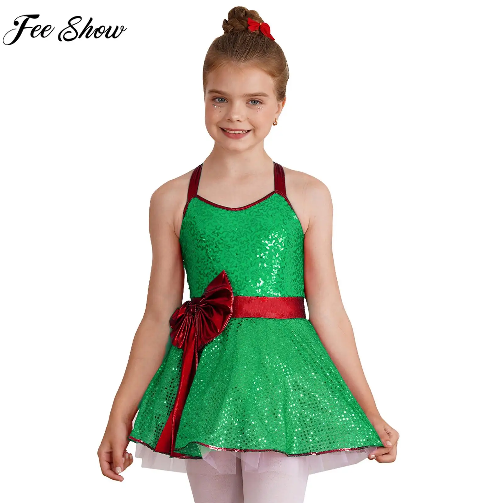Enfants filles noël Ballet danse patinage Tutu robe noël Santa elfe Costume sans manches paillettes brillantes nœud papillon justaucorps robes