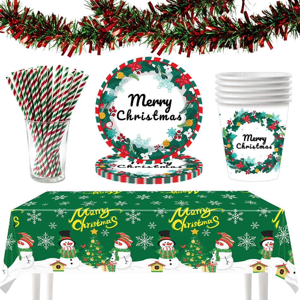 Merry Christmas Disposable Tableware Christmas Wreath Paper Plates Cups Paper Straws Snowman Tablecloth Xmas Party Decor Supplie