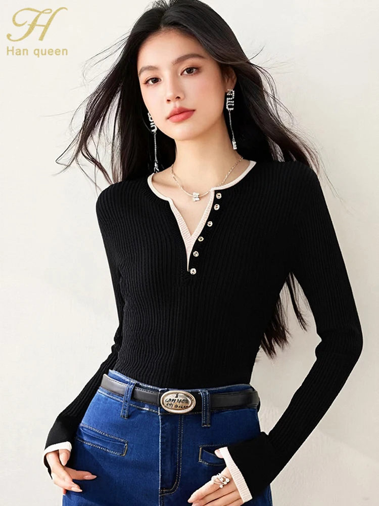 

H Han Queen Autumn Chic Women's Clothing Casual Color Blocking Long Sleeve Tops Knitted Pullover Sweater Korean Popular Clothes