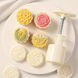 Flower Pattern Moon Cake Mold, Including 1 Mold And 4 Stamps, DIY Hand Press Moon Cake, Mung Bean Cake, Cookie, Pastry Mold
