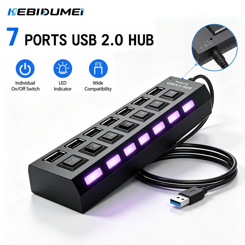 KEBIDUMEI USB HUB with Individual OFF/ON Switch 7 Ports USB Splitter with Indicator OTG Adapter for KeyMouse Laptop Macbook Pro