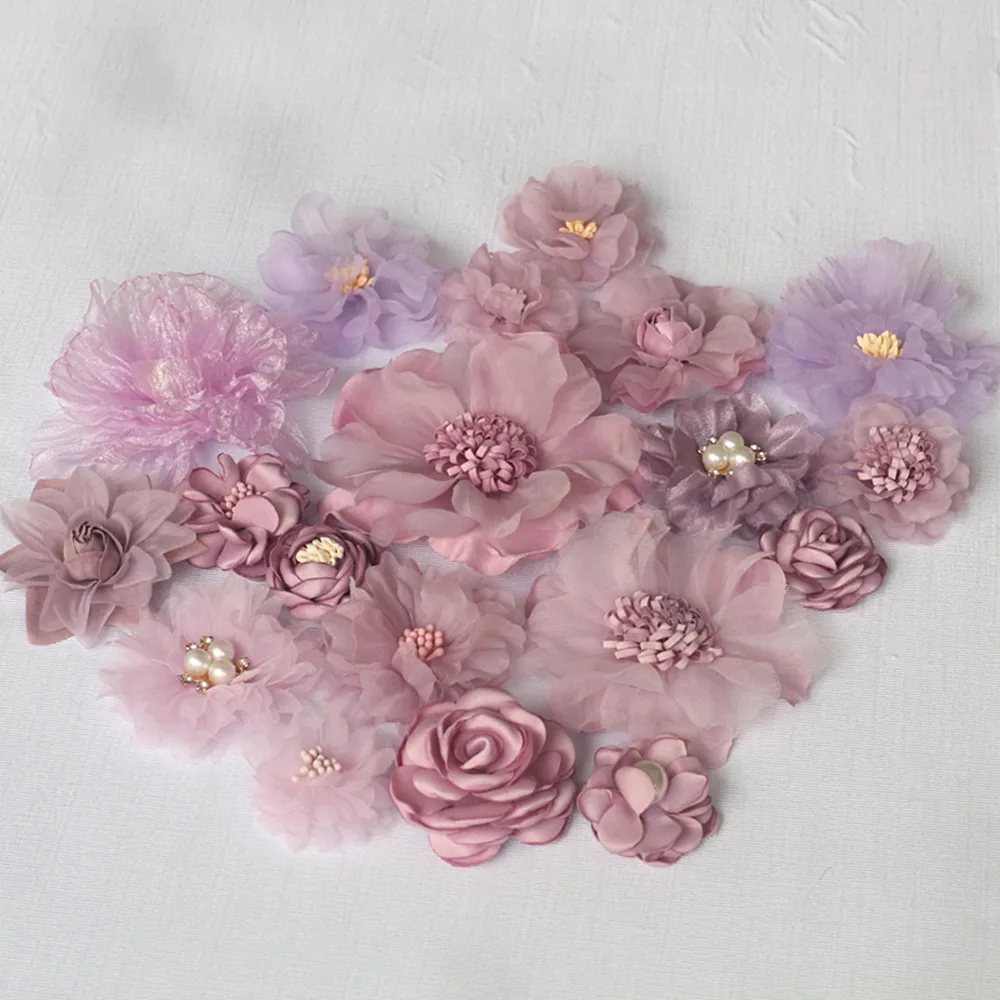 20Pcs Set Purple Series Mix 20 Styles Chiffon Organza Fabric Rose Flowers Wedding Dress Girls Clothing Headwear Decoration DIY