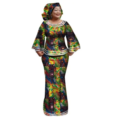 Afrikanska kläder för kvinnor Ankara-tryck långärmad topp och kjol 2-delat set med afrikansk huvudbonad Dam Dashiki-kläder WY2372 12 best sales Ankara-topp - №11