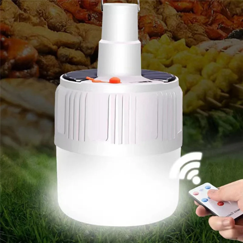 

A08I Portable Lanterns Solar Lights Rechargeable Bulb Emergency Light With Remote Control Hooks Outdoor Camping Lighting 2Pc