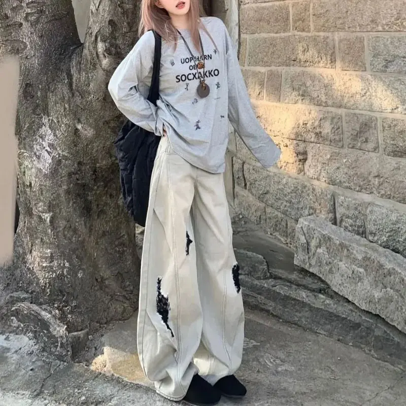 

Vintage American Letter Pullovers Autumn Casual Printed Women's Clothing Loose Stylish Long Sleeve Preppy Style Basic T-shirts