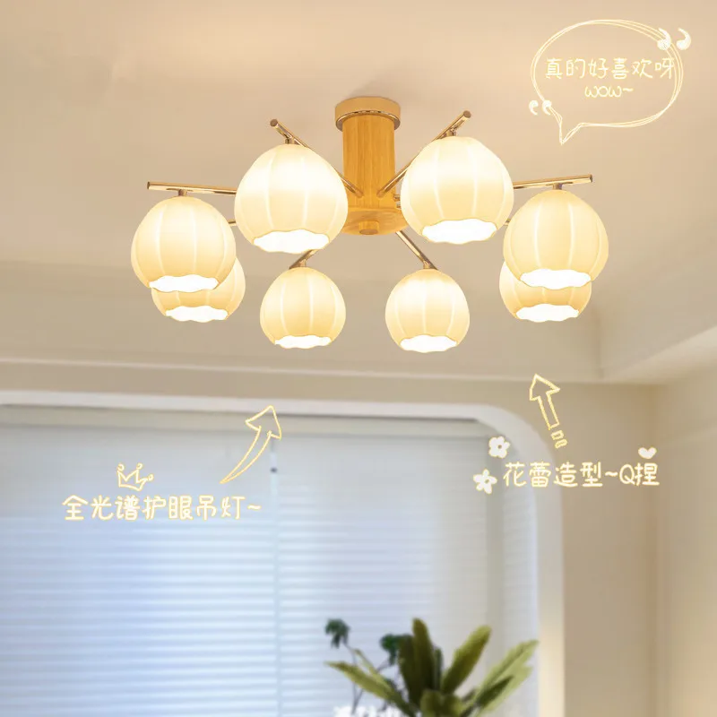 

Vintage Japanese Wooden Pendant Light Cream Bud Living Room Bedroom Eye Protection Chandelier