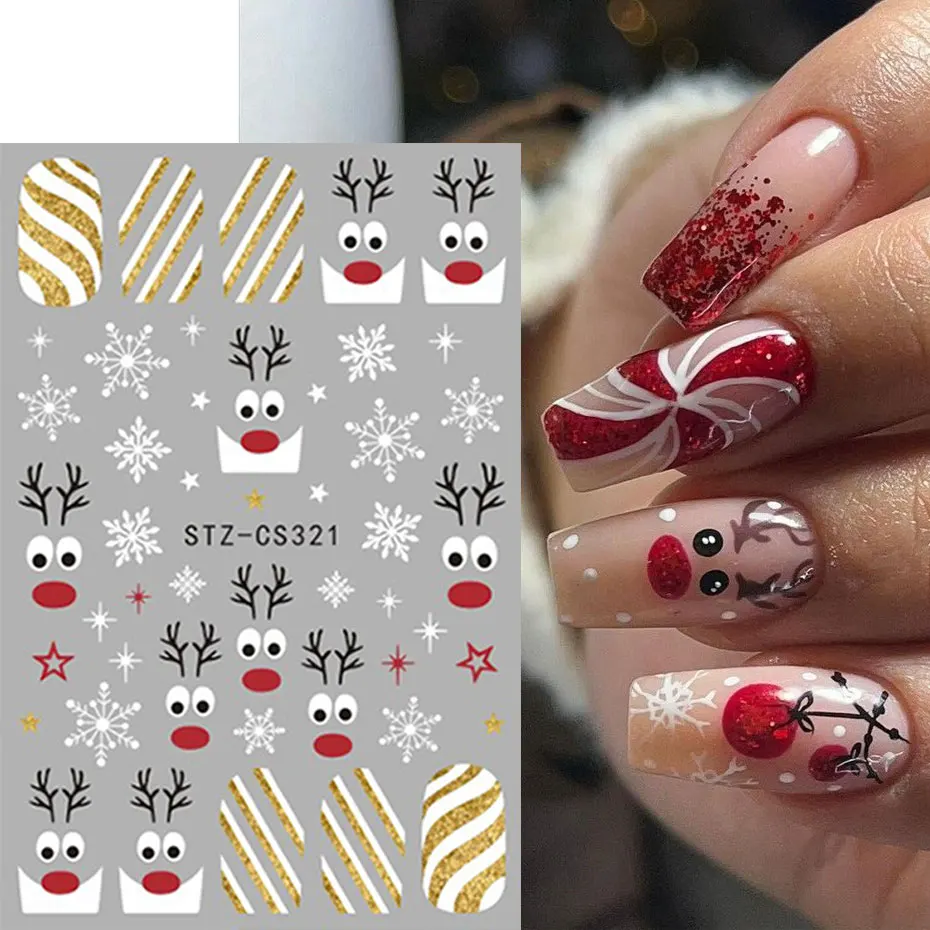 2 pezzi di cartone animato oro glitter adesivo per unghie Babbo Natale 3D carino alce di Natale fiocchi di neve cursore per unghie stella inverno capodanno forniture per unghie