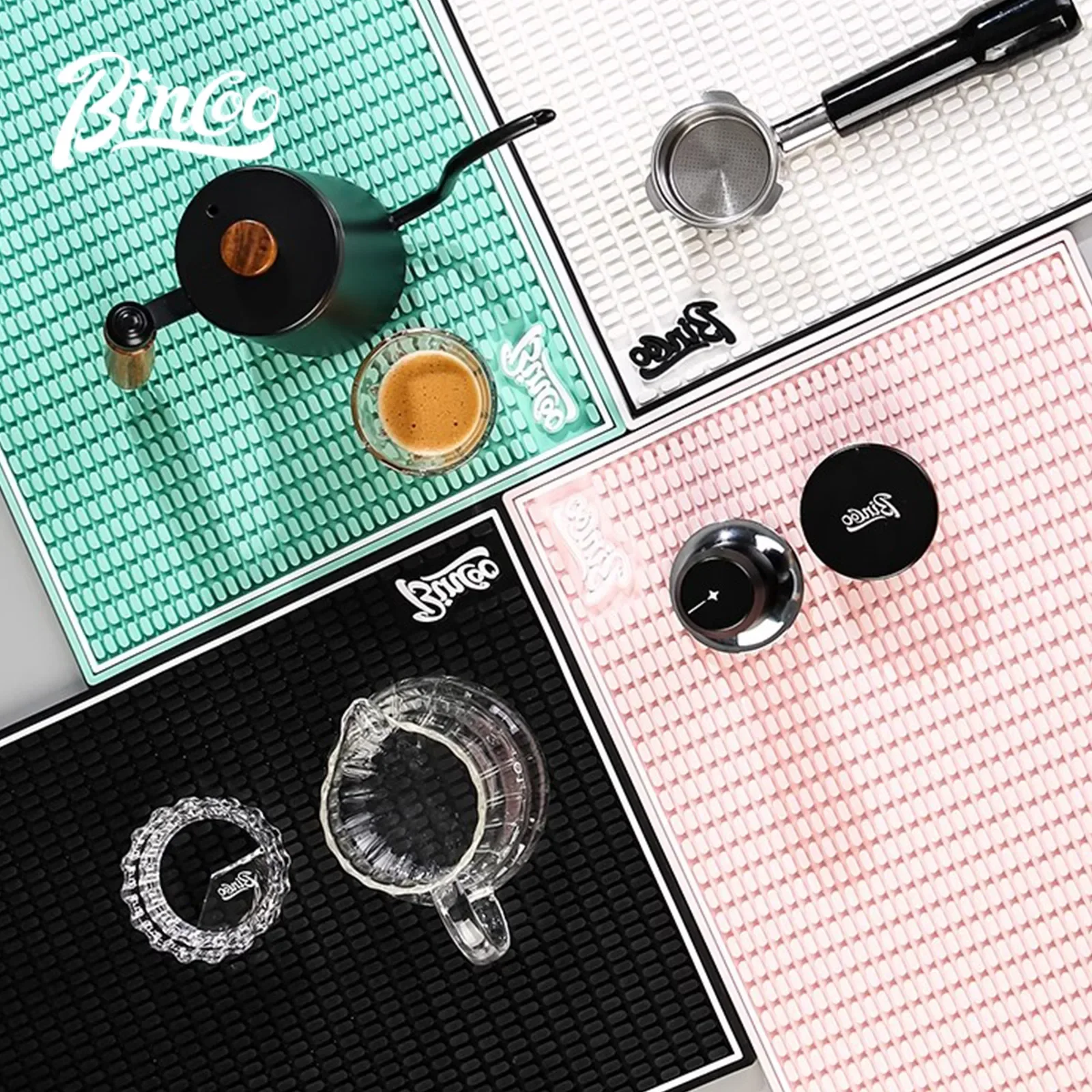 BINCOO Anti-Slip PVC Coffee Bar Mat Tamper Holder Kitchen Drainer Barista Accessories Set for Coffee Machines Ideal for Cafes