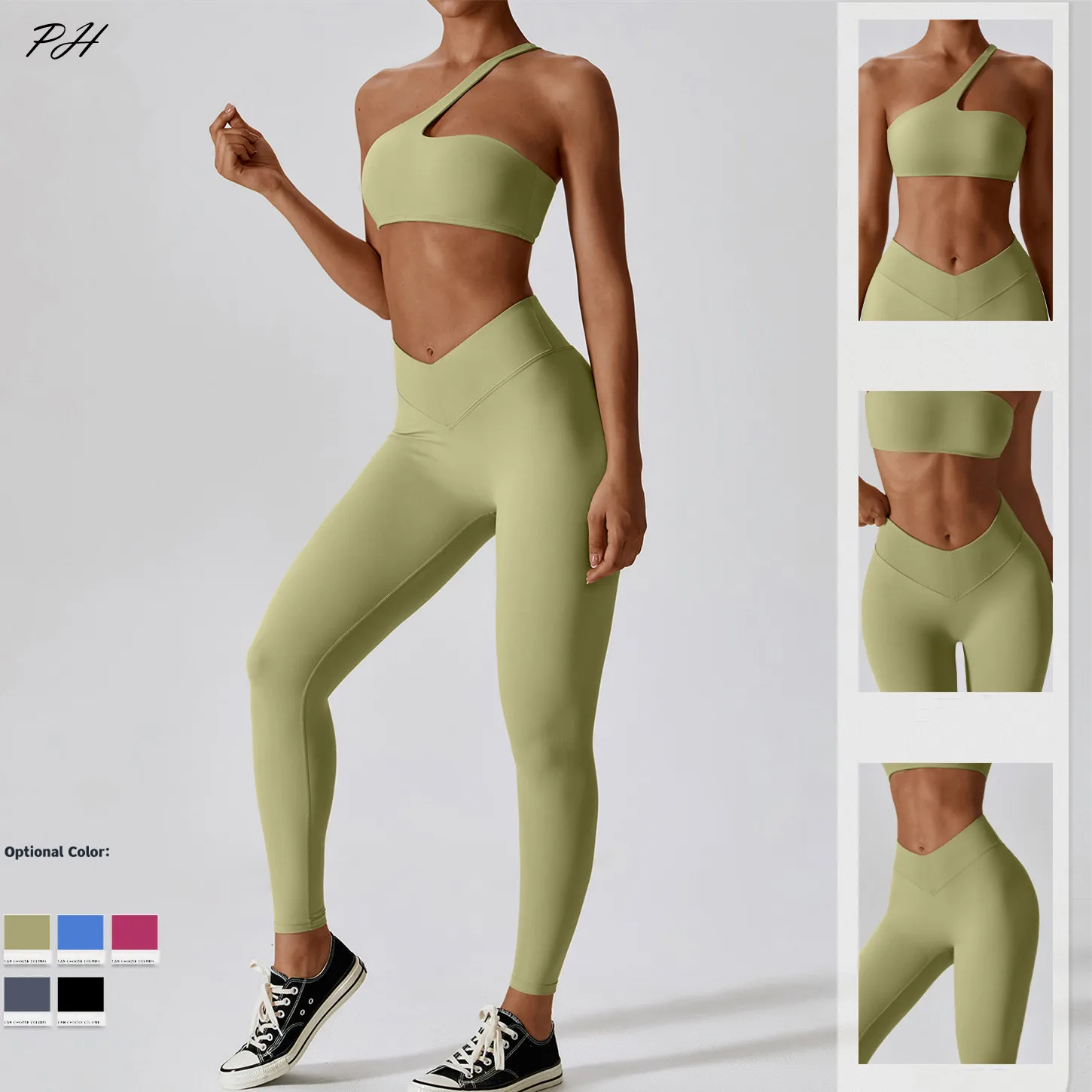 Women Yoga Set Workout Suits 2Pcs Nude Sexy One Shoulder Sport Bra Leggings Yoga Outfits Fitness Running Leisure Sportwear 8110