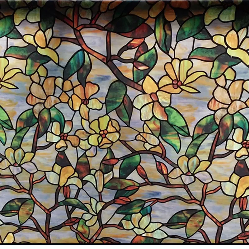 Newest Magnolia Stained Glass Window Film Privacy film for Bedroom Static Cling Art Decorative Film Wedding home decoration