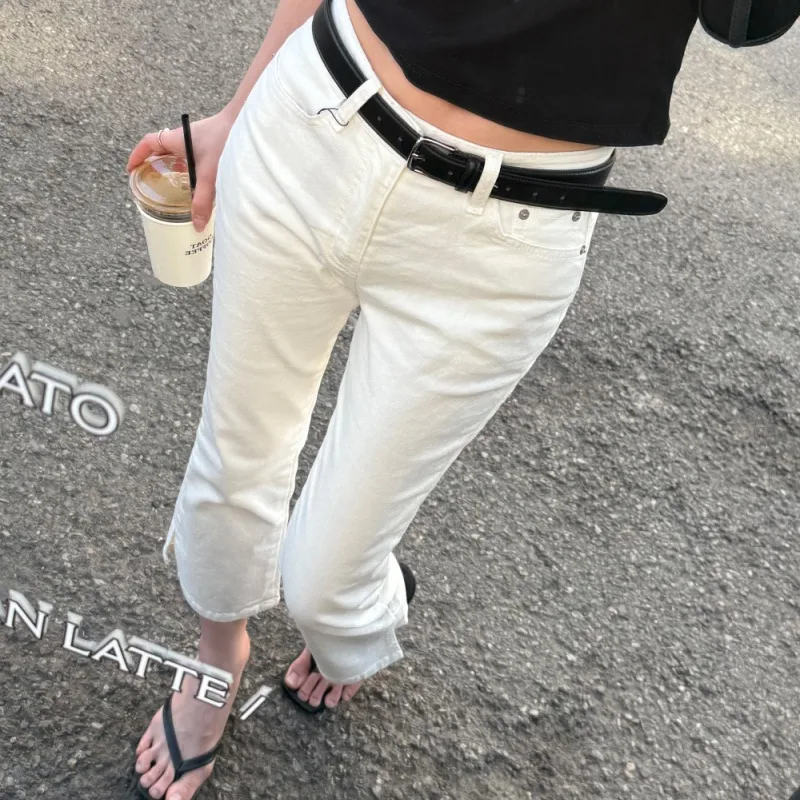 Nimo Home High Waist Bell Bottom Seven Inch Pants Double Sided Buckle Cotton Jeans Women's Summer Standard Fit No Stretch