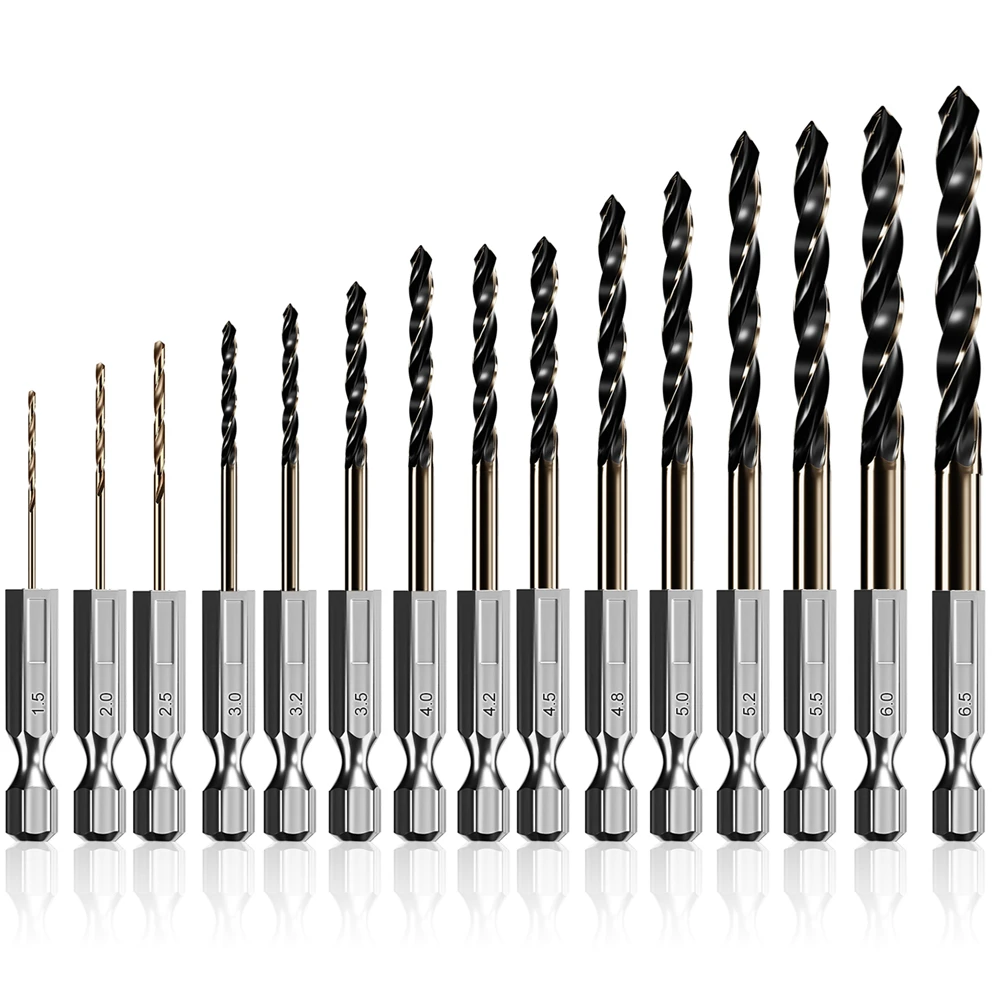 15PCS 1.5-6.5mm Twist Drill Bit Set Hss Cobalt Metal Hole Cutter Core Drilling Double Screw Woodworking Tools Hex Drill Bits Kit