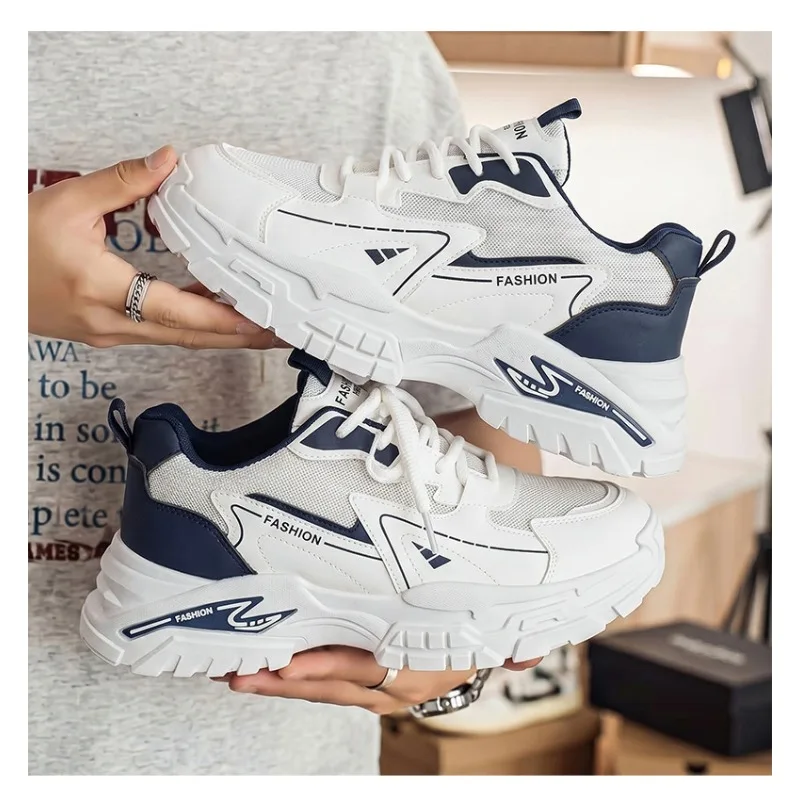 Summer 2026 Men's Teen Running Sneakers White Breathable Mesh Thick Sole Height Boost Unky Dad Daily Street Casual Footwear