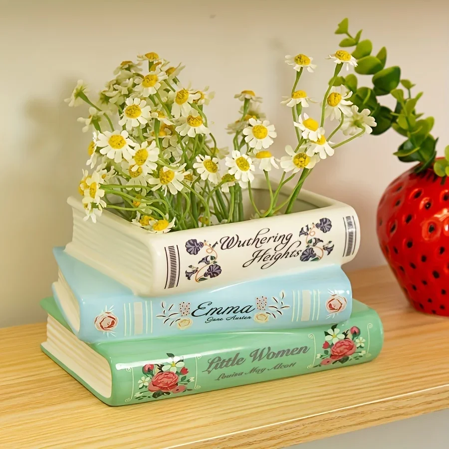 

1 Creative Three-Layer Book Shaped Vase, Unique Home Ceramic Flowerpot, Suitable For Decoration In Living Rooms, Bookshelves