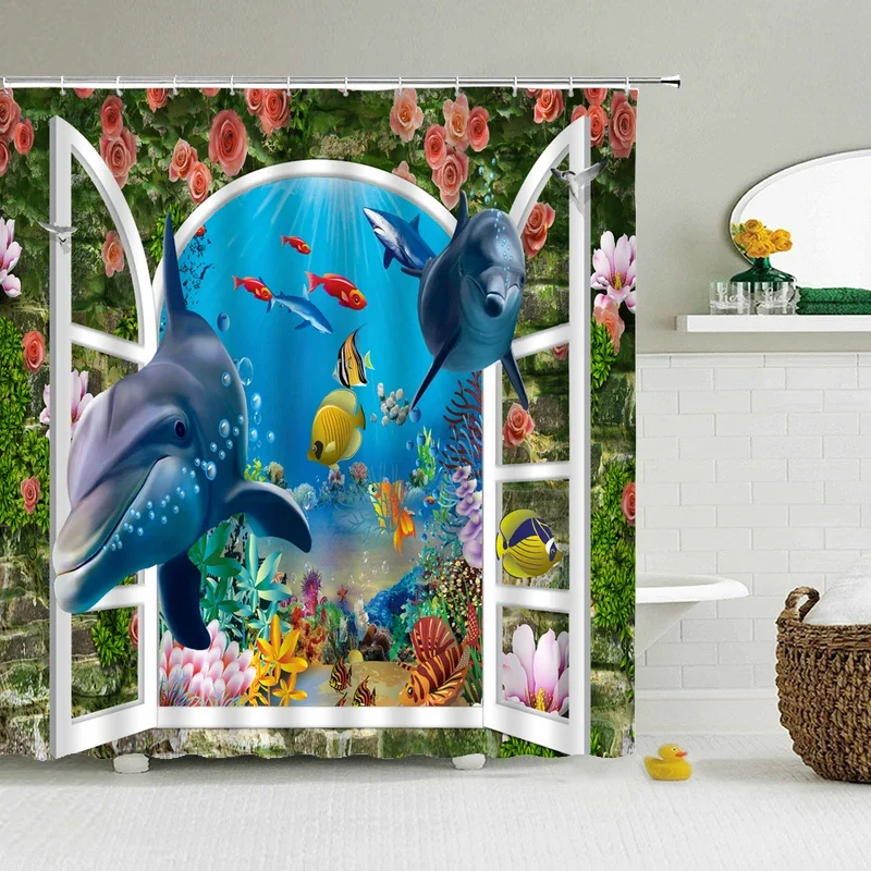 Ocean World Animal Dolphin Shower Curtain Waterproof Polyester Bathroom Shower Curtains Cute Fish Bathroom Decoration Send Hooks