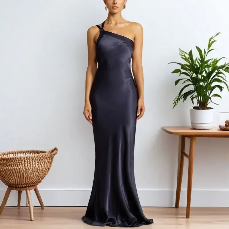 Cross-Border Spring Summer New Style Casual Party Dress Asymmetrical Shoulder Slimming Fashionable Evening Gown Long Ankle