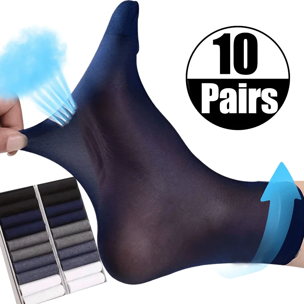 20Pcs Breathable Long Socks Bamboo Fiber Socks Summer Thin Stripe Men Silk Sports Antibacterial Black Business Men Socks