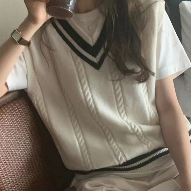 ITOOLIN Women Patchwork V-neck Knit Sweater Vest Sleeveless Rib Preppy Style Pullover Sweater Vest For Women 2025 Autumn Winter