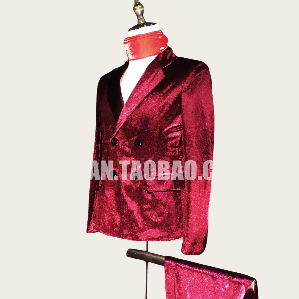 Men's Suit Fashion Wine Red Velvet Double-breasted Slim Suit Costumes suit Nightclubs Male singer DJ Stage dress wear