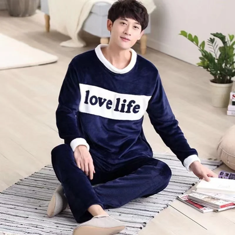 Cartoon Green Dinosaur Design Pajamas for Men Korean Kawaii Cute Letter Print Men\'s Pajamas 2024 Autumn Winter Warm Sleepwear