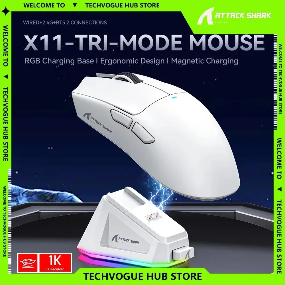 Attack Shark X11 Wireless Gaming Mouse PAW3311 Ultra-Light 3-Mode Wireless Mouse Bluetooth Charging Dock Gamer Mouse Gifts